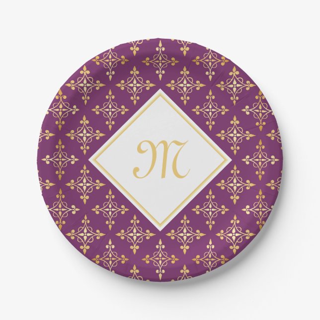 Luxus Monogram Lila und Gold Quatre Floral Pappteller (Vorderseite)