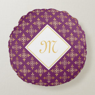 Luxus Monogram Lila und Gold Quatre Floral Rundes Kissen