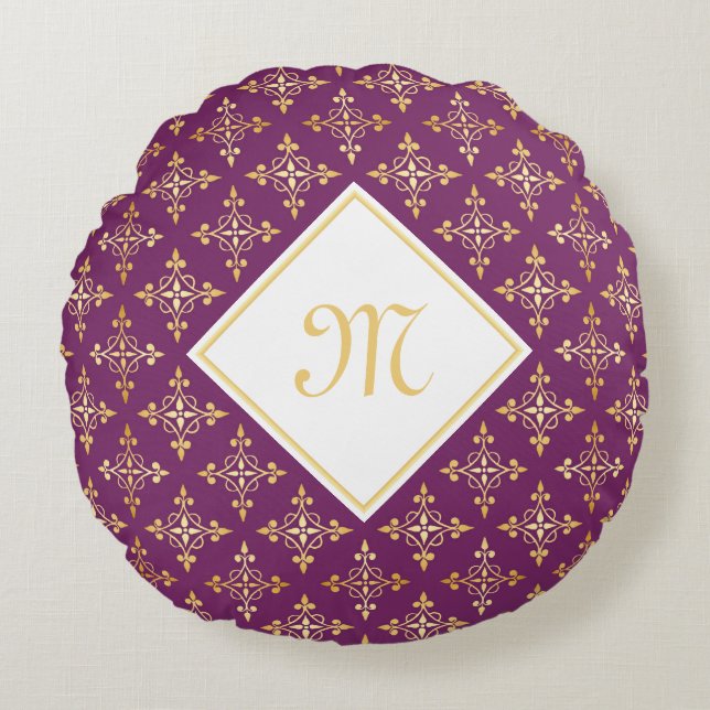 Luxus Monogram Lila und Gold Quatre Floral Rundes Kissen (Vorderseite)