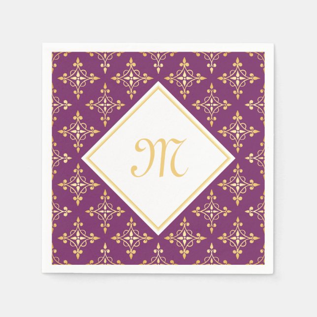 Luxus Monogram Lila und Gold Quatre Floral Serviette (Vorderseite)