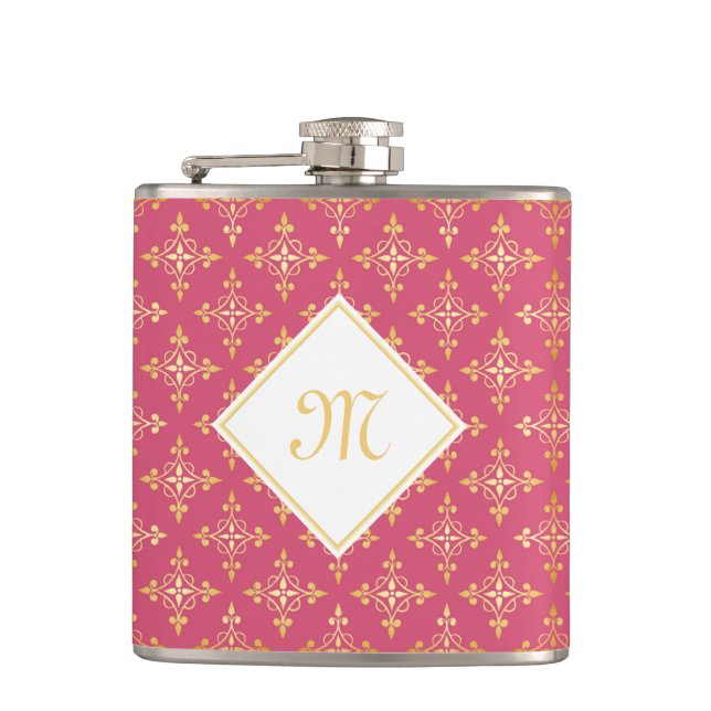 Luxus Monogram Pink und Gold Quatre Bloral Flachmann (Vorderseite)