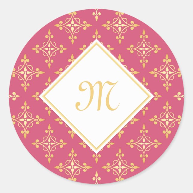 Luxus Monogram Pink und Gold Quatre Bloral Runder Aufkleber (Vorderseite)