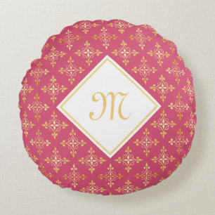 Luxus Monogram Pink und Gold Quatre Bloral Rundes Kissen