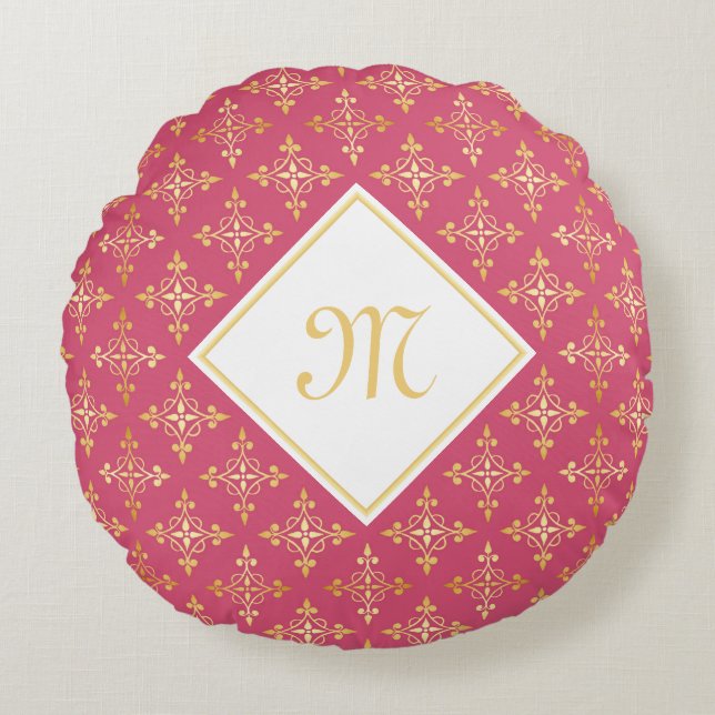 Luxus Monogram Pink und Gold Quatre Bloral Rundes Kissen (Vorderseite)