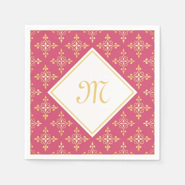 Luxus Monogram Pink und Gold Quatre Bloral Serviette (Vorderseite)