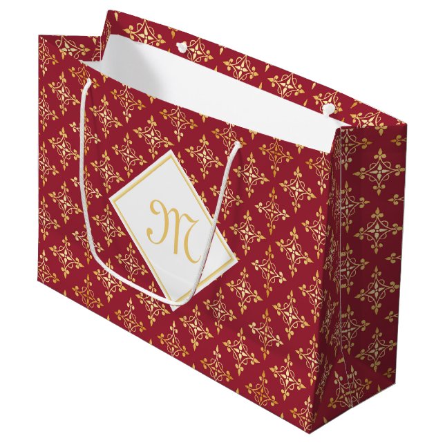 Luxus Monogram Rot und Gold Quatre Bloral Große Geschenktüte (Vorderseite Schrägansicht)