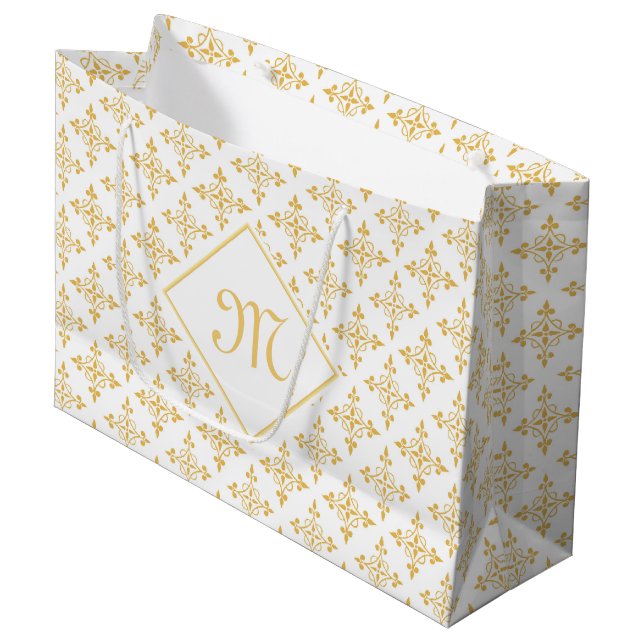 Luxus Monogram White and Gold Quatre Floral Große Geschenktüte (Vorderseite Schrägansicht)