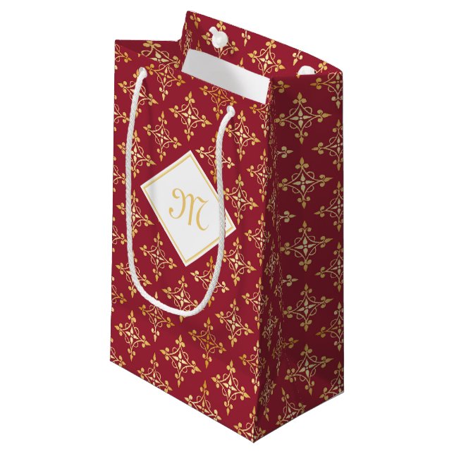 Luxus Monogram White and Gold Quatre Floral Kleine Geschenktüte (Vorderseite Schrägansicht)