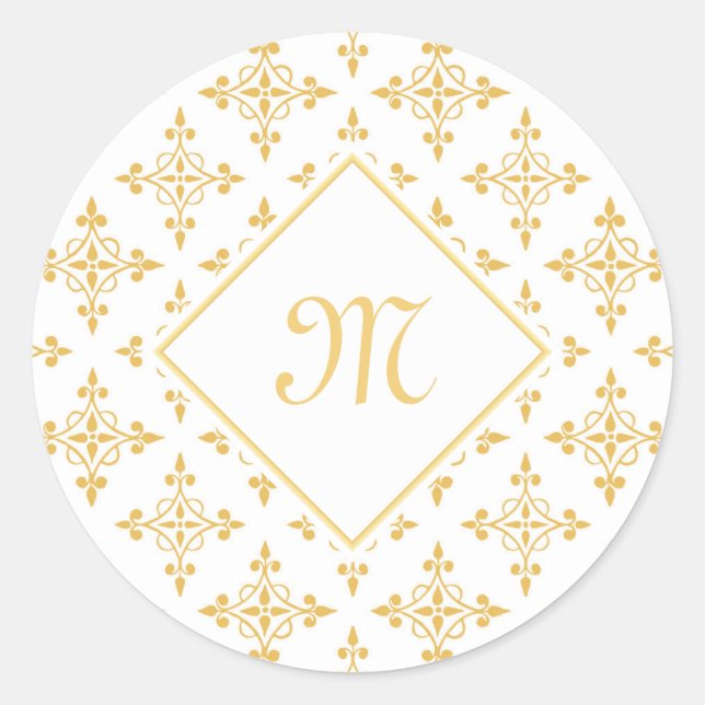 Luxus Monogram White and Gold Quatre Floral Runder Aufkleber (Vorderseite)