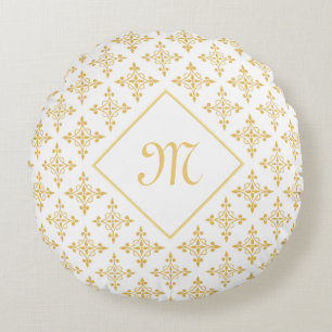 Luxus Monogram White and Gold Quatre Floral Rundes Kissen