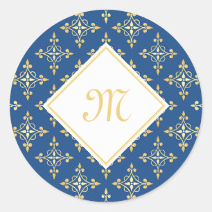 Luxus-Monogramm Blau und Gold Quatre Floral Runder Aufkleber