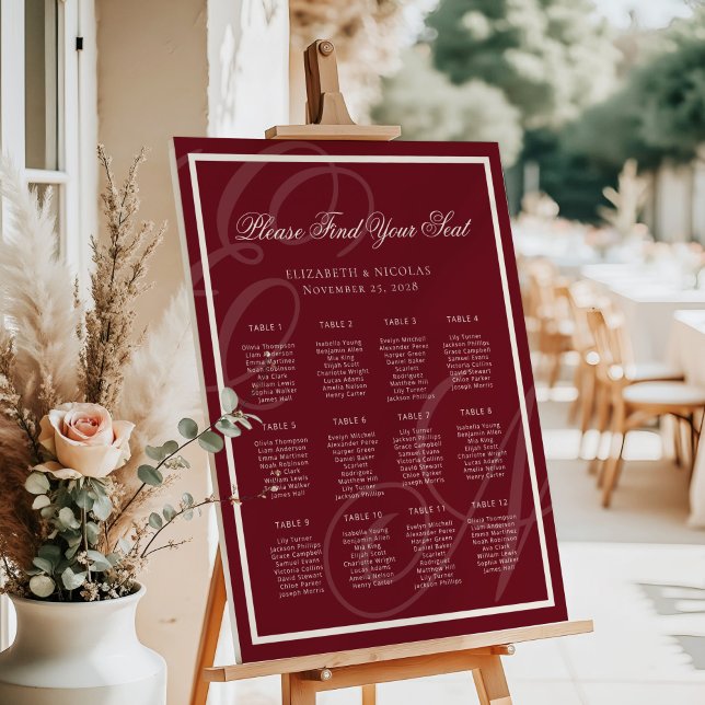 Luxus-Monogramm Tiefrotes Hochzeits-Sitzplan Poster (Von Creator hochgeladen)