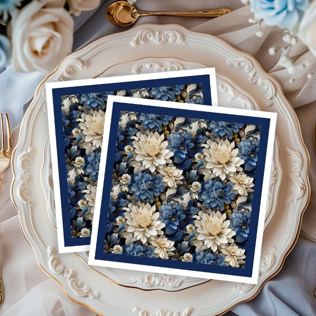 Luxus-Nachttischservietten mit elfenbeinfarbenem B Serviette (Luxury Navy Ivory White Floral Dinner Napkins)