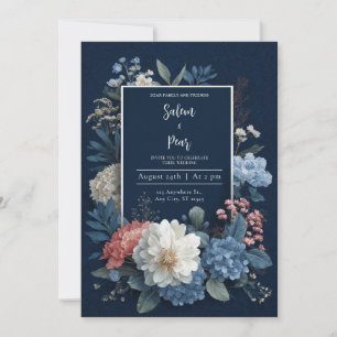Luxus Navy Blau Gold Rahmen Weiße Florale Hochzeit Einladung