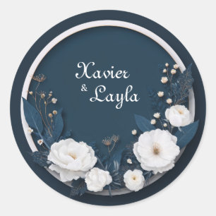 Luxus Navy Blau Weiße Blumen Gold Hochzeit Runder Aufkleber
