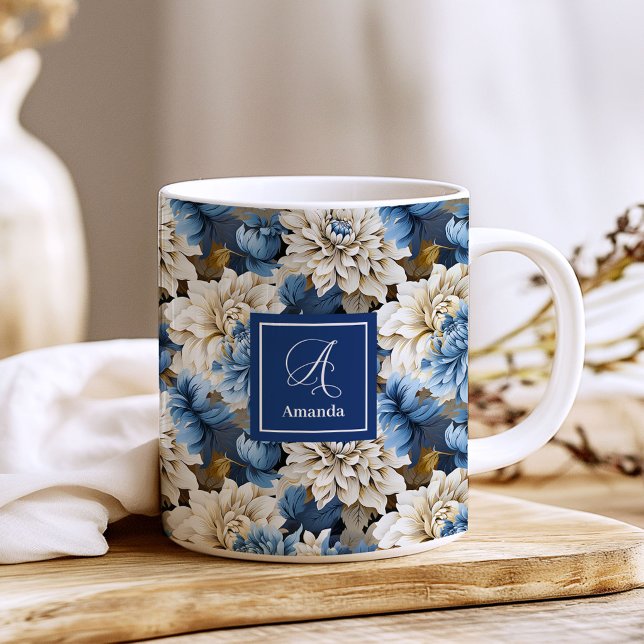 Luxus Navy Blumen Individueller Name Florale Kaffe Kaffeetasse (Luxury Navy Flowers Custom Name Floral Coffee Mug)