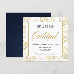 LUXUS NAVY FALSCHGOLD-ROSEN-BLUMEN-COCKTAILPARTY EINLADUNG