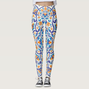 Luxus-Orang-Blau-Ornamentmuster Leggings