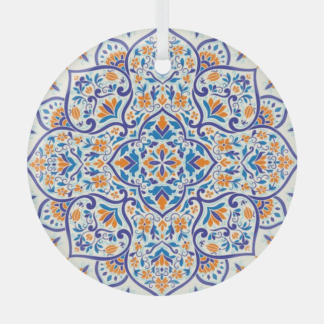 Luxus Orange Blue Ornament Muster Aus Glas (Vorderseite)