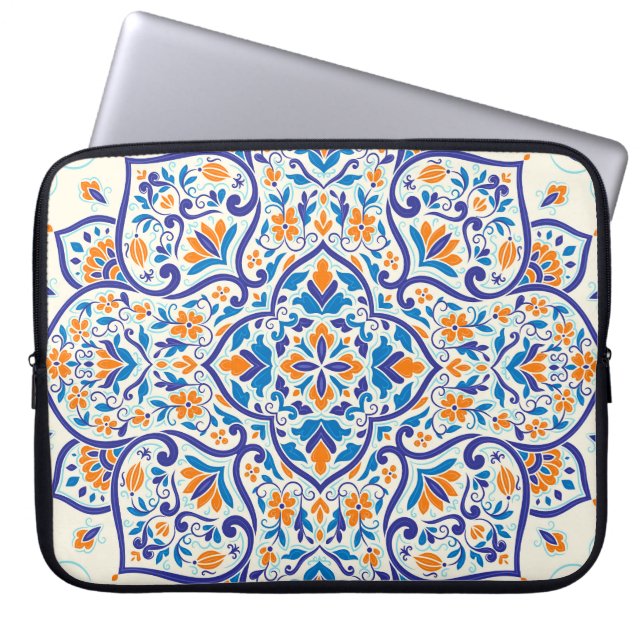 Luxus Orange Blue Ornament Muster Laptopschutzhülle (Vorderseite)