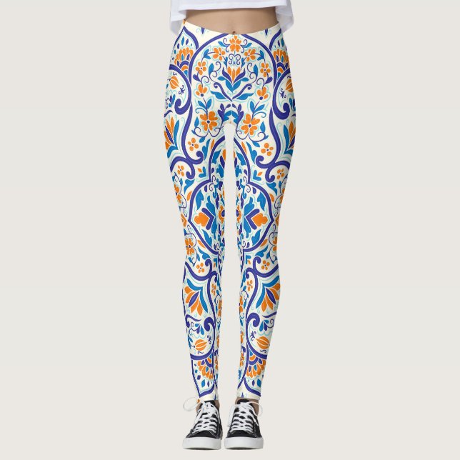 Luxus Orange Blue Ornament Muster Leggings (Vorderseite)