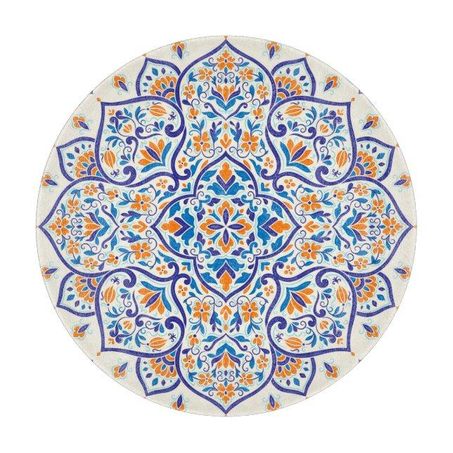 Luxus Orange Blue Ornament Muster Schneidebrett (Vorderseite)