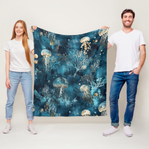 Luxus-Ozean-Quallen- und Korallen-Gold-Muster Fleecedecke