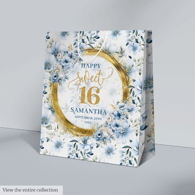 Luxus Pastel Blue Sweet 16 Gold Glitzer Party Beut Mittlere Geschenktüte (Luxury Pastel Blue Sweet 16 Gold Glitter Party Bag)