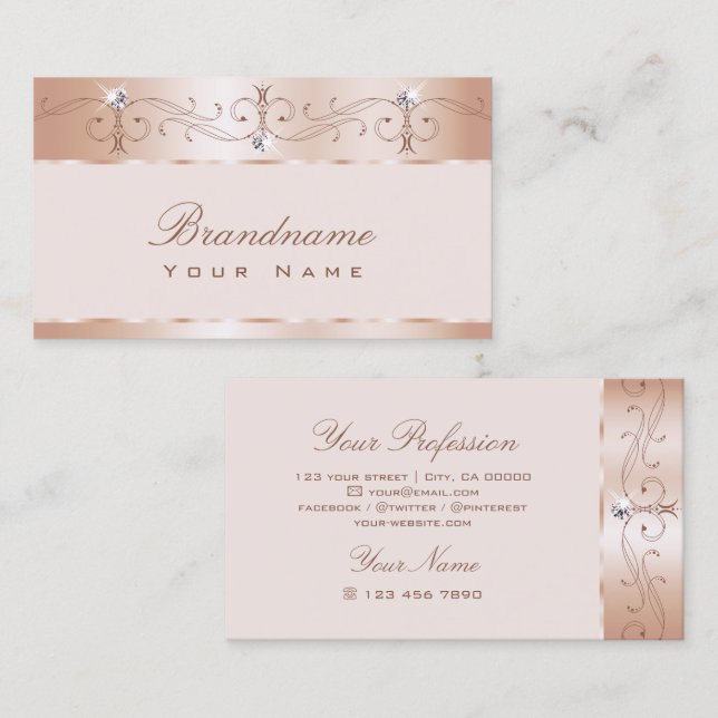Luxus Pastel Rose Gold Verziert Sparkle Diamanten Visitenkarte (Vorne/Hinten)