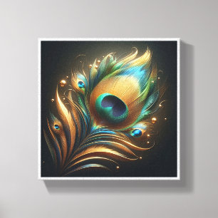Luxus-Pfauenfeder in Gold - Elegantes Smaragdgrün Leinwanddruck