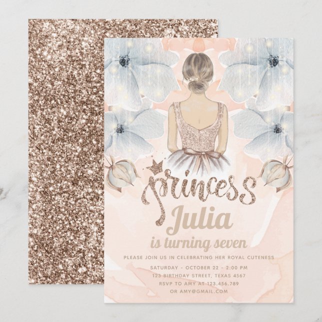 Luxus Princess Birthday Party Beige Glitzer Einladung (Vorne/Hinten)