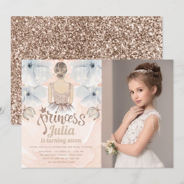 Luxus Princess Birthday Party Foto Glitzer Einladung (Vorne/Hinten)