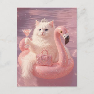Luxus-Prinzessin-Katze auf rosa Flamingo-Pool-Schw Postkarte