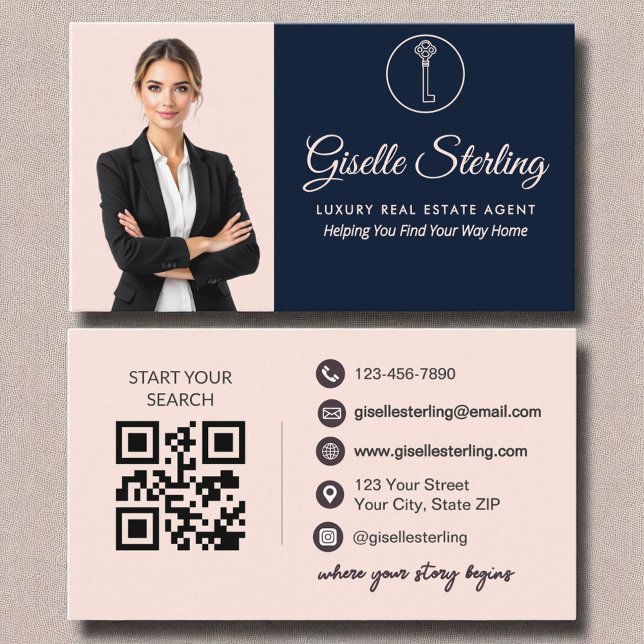Luxus Real Anwesen Agent Navy Blush Foto QR Code Visitenkarte (Von Creator hochgeladen)