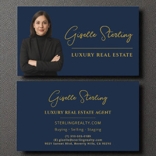 Luxus Real Anwesen Navy Blue Gold Script Visitenkarte