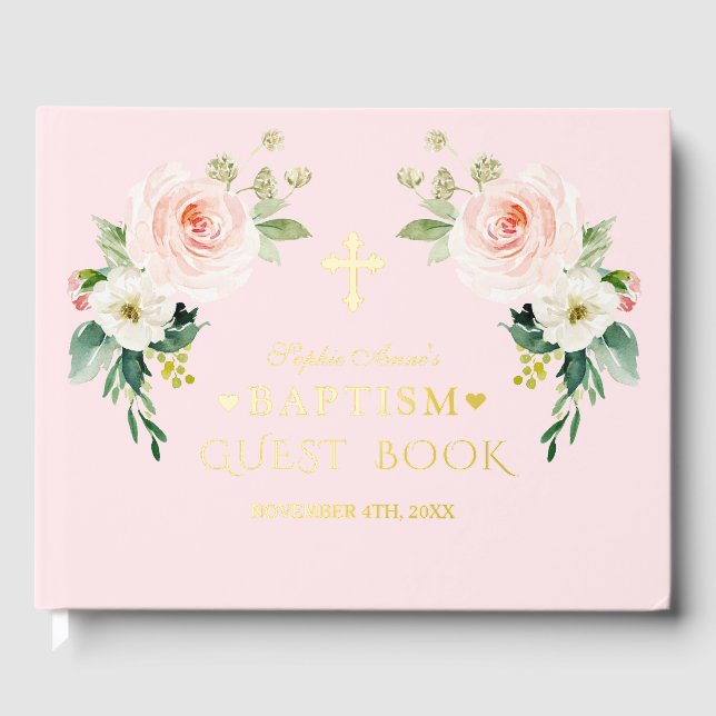 Luxus Real Foil Rosa Blume Girl Taufe Gästebuch (Vorderseite)