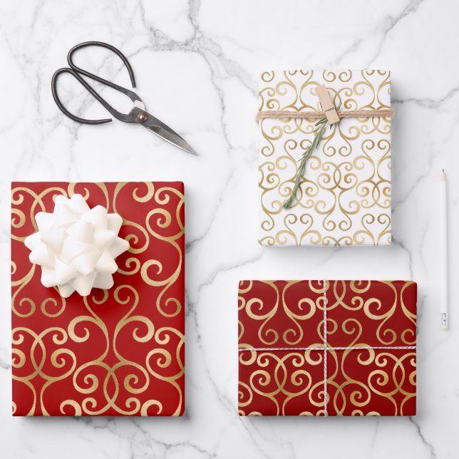 LUXUS RED AND GOLD CHRISTMAS DAMASK PERSONALISIERT GESCHENKPAPIER SET (Vorderseite)