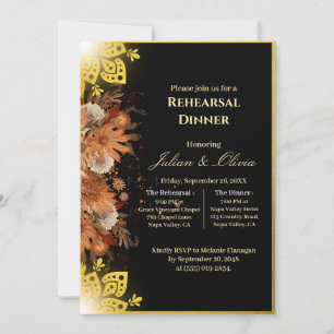 Luxus-Rehearsal-Dinner in königlichem Schwarz und Einladung