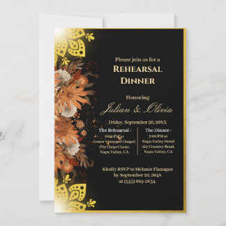 Luxus-Rehearsal-Dinner in königlichem Schwarz und Einladung
