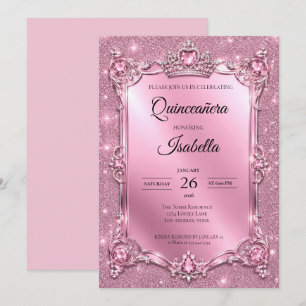 Luxus-Rhinstones Pink Glitter Quinceañera Einladung