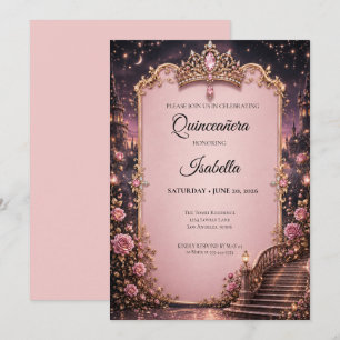 Luxus-Rhinstones Pink Quinceañera Einladung