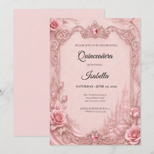 Luxus-Rhinstones Pink Quinceañera Einladung