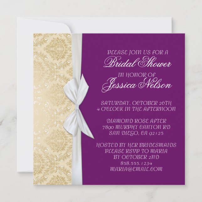Luxus Ribbon Lila Gold Damask Dusche laden Einladung (Vorderseite)