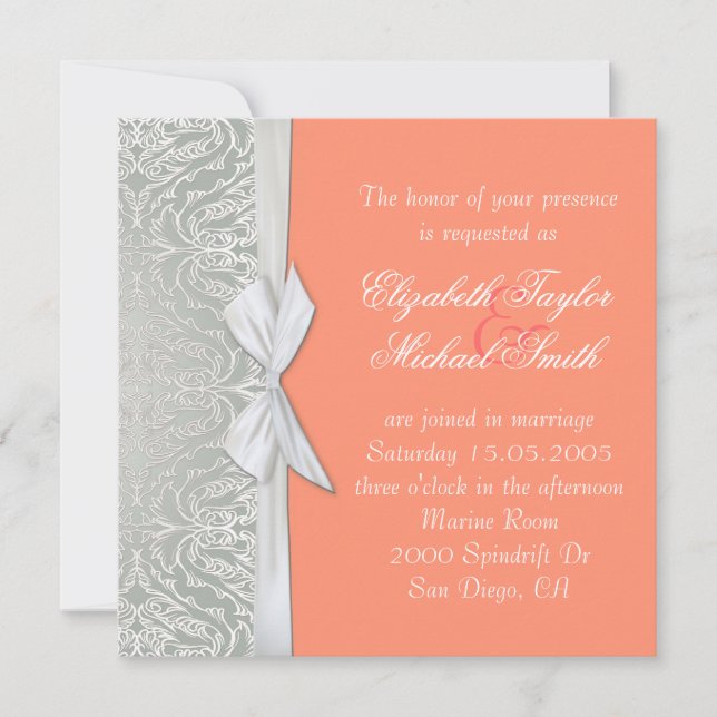 Luxus Ribbon Silver/KorallenDamast Hochzeitsempfan Einladung (Vorderseite)