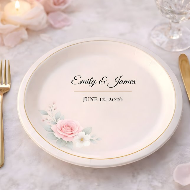 Luxus-Rosa Hochzeit Pappteller (Wedding reception paper plate mockup)