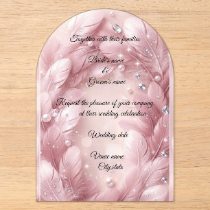 Luxus-Rosafeder- und Diamantbogen-Hochzeit Acryleinladungen
