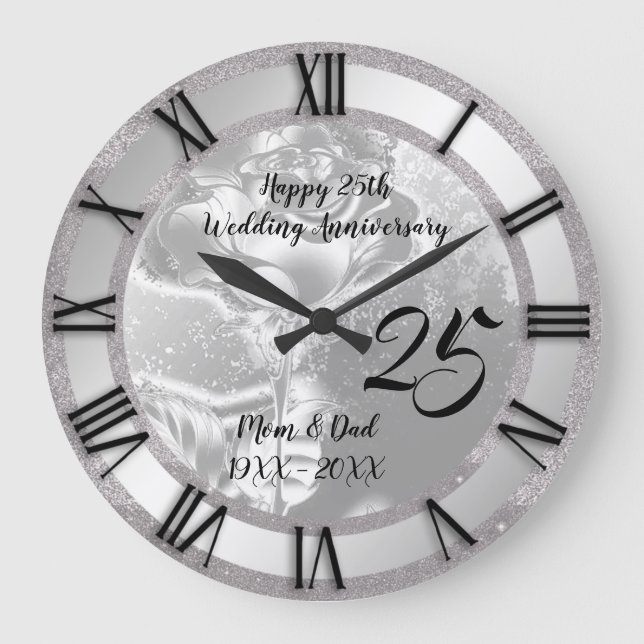 Luxus Rose Glitzer Silver 25 Jahre Jubiläum Große Wanduhr (Vorderseite)