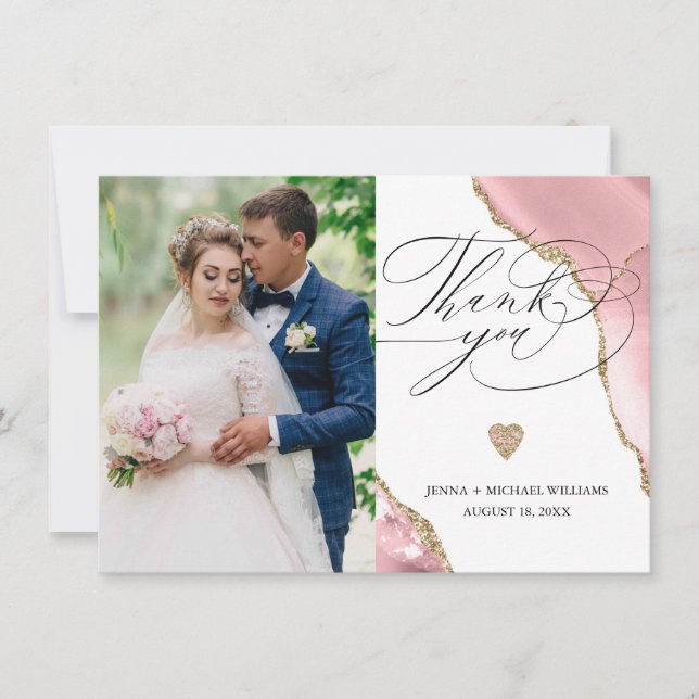 Luxus Rose Gold Agate Glitzer Foto Hochzeit Dankeskarte (Vorderseite)