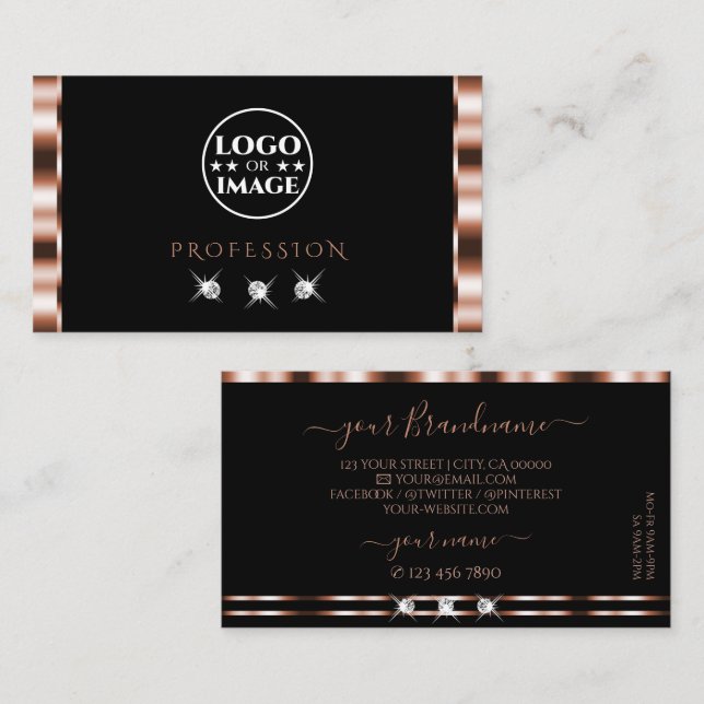 Luxus Rose Gold Black Sparkling Diamonds Add Logo Visitenkarte (Vorne/Hinten)