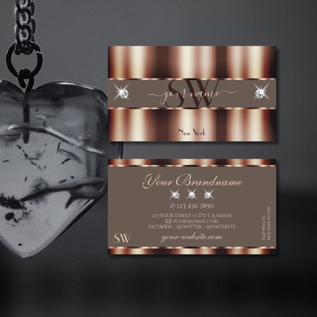 Luxus Rose Gold Brown Sparkle Diamonds Monogram Visitenkarte (Von Creator hochgeladen)